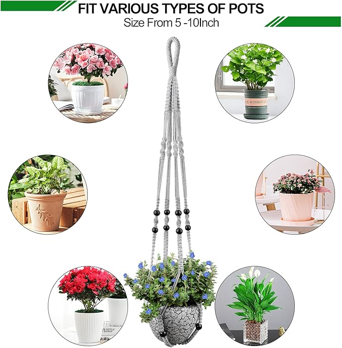 RIFNY Macrame Plant Hanger for 5 to 10 Inch Plant Pots, 35 Inch Indoor Handmade Woven Rope Hanger Kits with Hooks and Wood Beads, Hanging Planter Basket Holder for Boho Home Decor (Grey, 3 Pack)