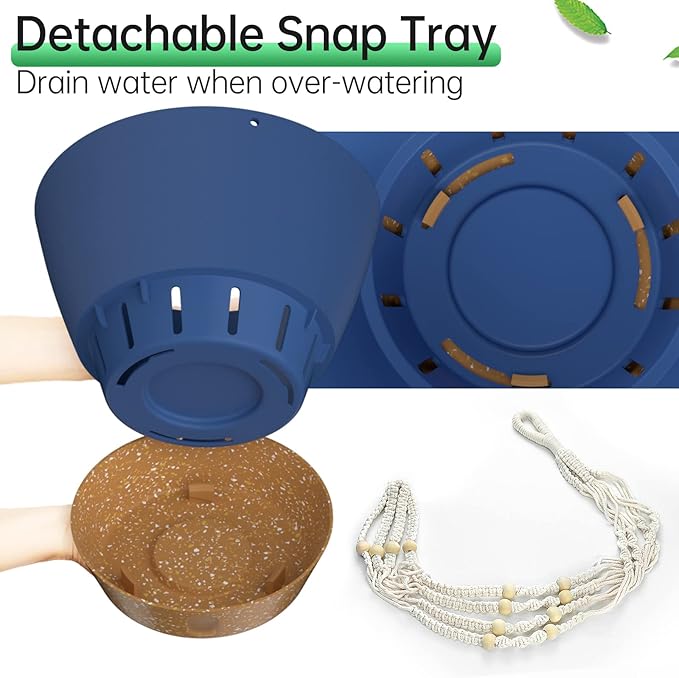 ZMTECH 2 Pack 10 Inch Blue Hanging Planters with Macrame Plant Hanger for Indoor and Outdoor Plants, Self Watering, Drainage Hole, Visible Level Tray