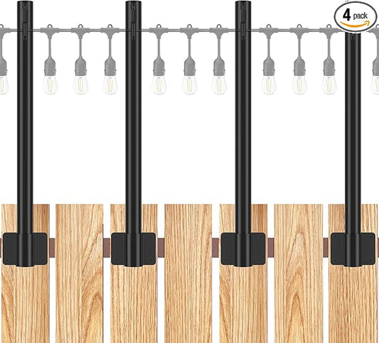Suchtale 4 Pack 1.3 FT String Light Poles, Suspension Outdoor Fence Post Lights with Clip and Bracket, Outside String Lights Hanging, Wall Mounting Stand for Patio Garden Backyard Wedding Party, Black