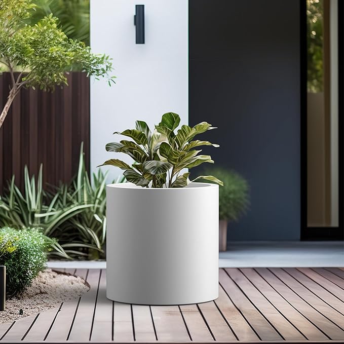 Kante 15.7" Dia Round Concrete Planter, Modern Style Large Cylindrical Plant Pot with Drainage Hole and Rubber Plug for Indoor Outdoor Patio, White