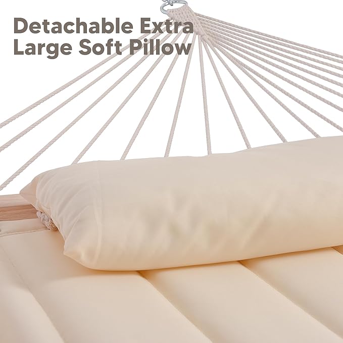 SUNCREAT Double Outdoor Hammock with 15 ft Stand, Standing Patio Hammocks for Outside, Beige