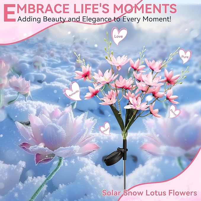 Neporal Solar Flowers Outdoor Waterproof IP65, 5-Head Snow Lotus with 20+ Flowers, 4-Color Light & 2 Lighting Modes, Decorative Solar Lights Outdoor Garden, Yard, Pathway, Flower Bed (4-Pack, Pink)