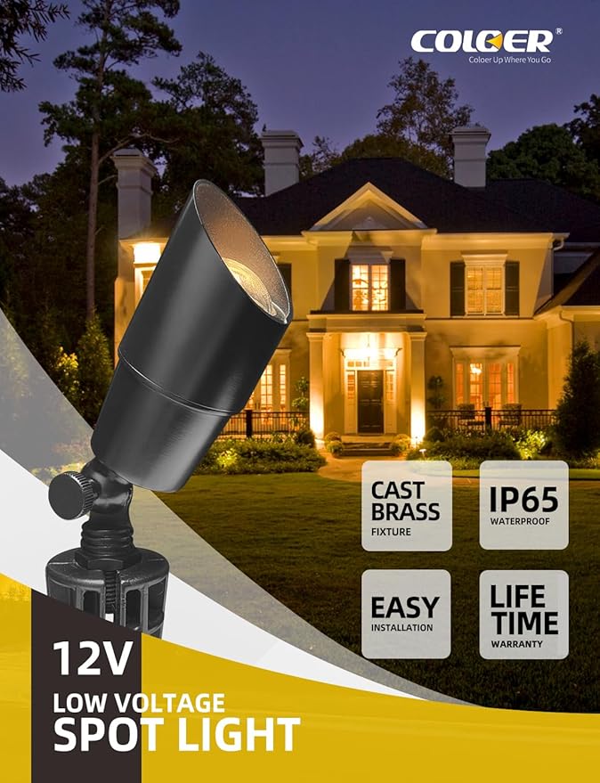 COLOER Brass Low Voltage Landscape Spotlight(Black) 1-Pack with 5W Aluminum Housing MR16 LED Bulb 2700K 450LM CRI85+,12V AC/DC Outdoor Uplighting, Directional Garden Patio Spot Up Light(101B-Black)