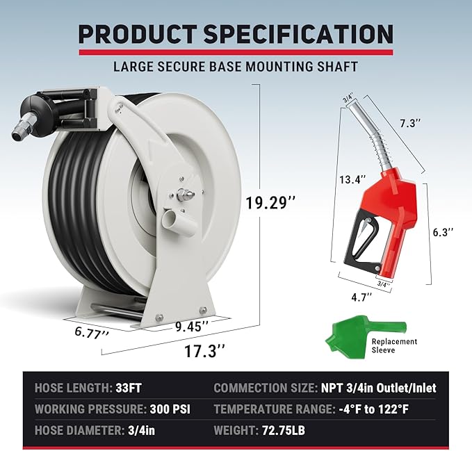 Fuel Hose Reel, 3/4" x 33FT Retractable Hose with Refueling Nozzle, 300 PSI Heavy-duty Steel Construction, Diesel Fuel Kerosene Reel Used for Aircraft Ship Vehicle Tanker Truck