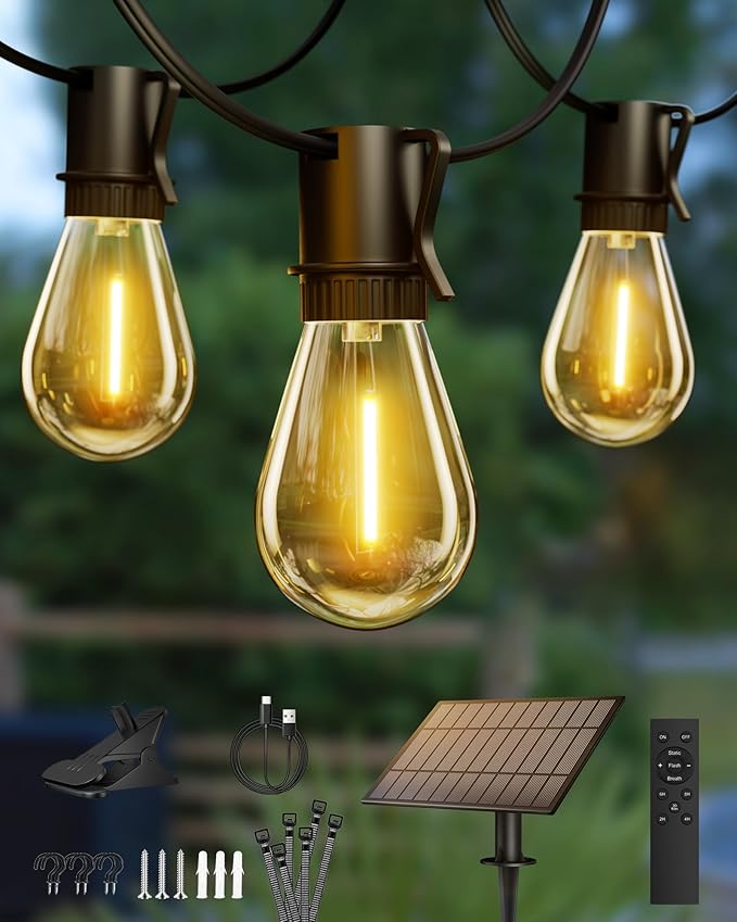 Solar Powered 150FT Outdoor String Lights 35+2 LED Bulbs Waterproof Shatterproof Remote Control Dimmable Extra Long Hanging Lights for Large Yard Deck Market Cafe Event Lighting