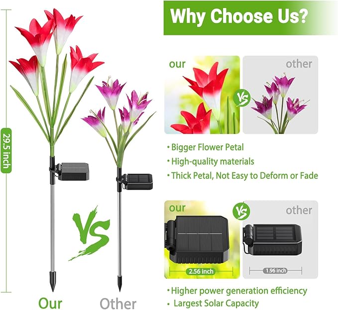 KOOPER Outdoor Solar Lights, 6 Pack Solar Garden Lights with Bigger Lily Flowers, Waterproof 7 Color Changing Solar Lights Outdoor - Bigger Solar Panel for Outdoor Patio Yard Garden Decoration