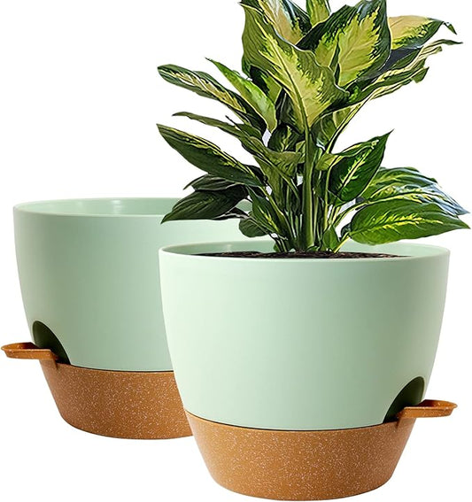 WOUSIWER 10 inch Self Watering Planters, 2 Pack Large Plastic Plant Pots with Deep Reservior and High Drainage Holes for Indoor Outdoor Plants and Flowers, Green with Terracotta