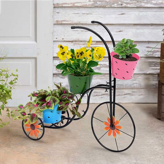 LEWIS&WAYNE Metal Tricycle Planter, 3 Tier Floral Flower Plant Stand Holder Hand Painted Outdoor Garden Patio Decor