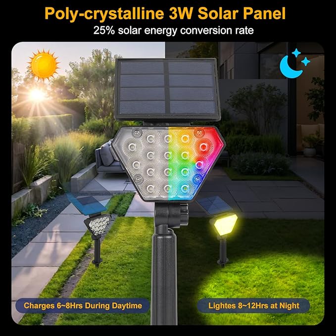 T-SUN Solar Spotlights Outdoor 6Pack Solar Landscape Spot Lights Color Changing IP65 Waterproof Auto On/Off for Garden Yard Lawn Pathway