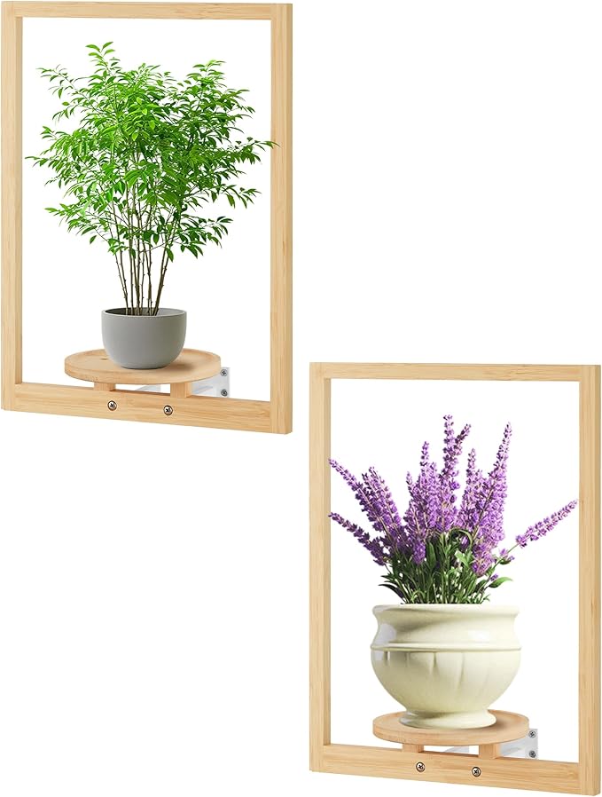 yadoker Wall Planters for Indoor Plants,Bamboo Hanging Plant Holders, Wall Decor Plant Stand, 2-Pack Window Plant Shelves for Living Room & Entryway