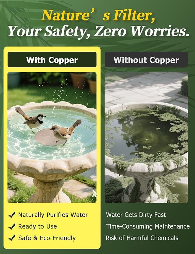 Mellbree 3-Pack Bird Bath Copper Disk, 0.6mm Reinforced 99.99% Pure Copper Cleaning Disk with Triple-Point Support for Physical Safe Clean Water All-Season