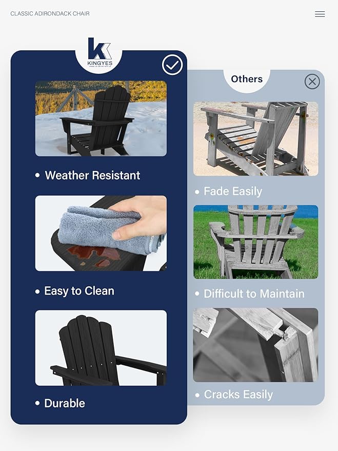 KINGYES HDPE Adirondack Chair, Classic All-Weather Adirondack Chair Set of 8, Black