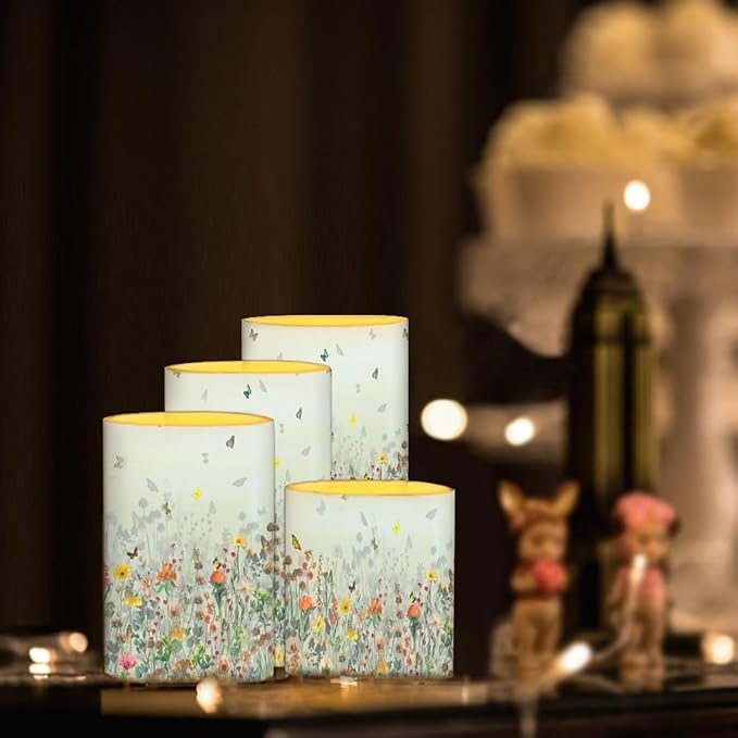 Flameless LED Candles Electric Pillar Candles with Remote Timer Color Changing Control Long Lasting Pack of 4 for Table Centerpiece Home Indoor Decoration, Flower Butterfly Blue