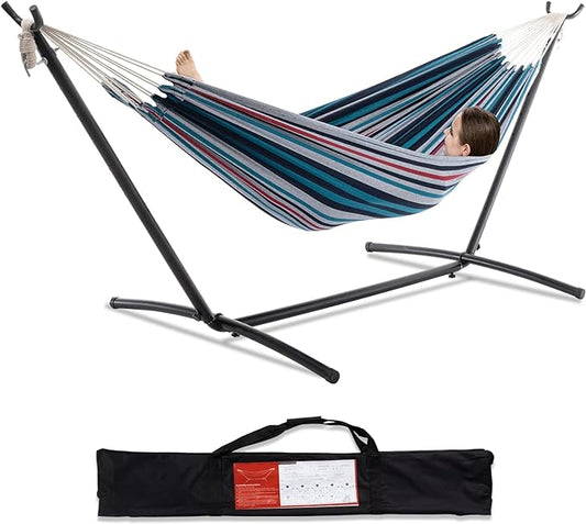 PNAEUT Double Hammocks with Stand for Outside, Portable Space Saving Heavy-Duty Steel Stand for Indoor Outdoor Patio with Carrying Bag, 450 lbs Capacity (Denim)