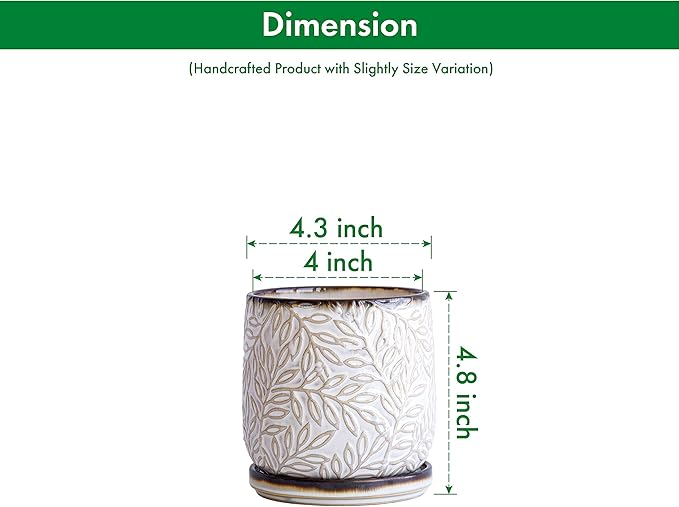 D'vine Dev 4 Inch Embossed Leaves Stoneware Planter Pot with Drainage Hole and Saucer, Smoked White, Set of 1, 27-A-Z-1