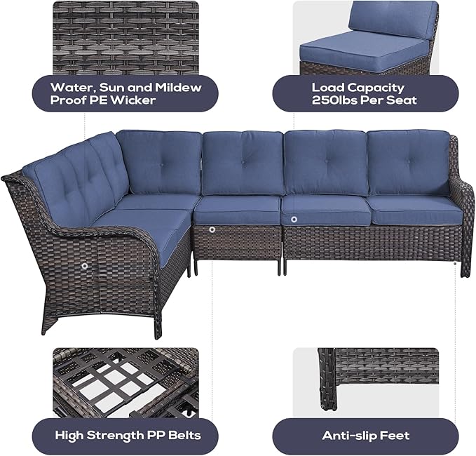 Outdoor Sectional Furniture Sofa Set with Propane Fire Pit Table, Wicker Patio Conversation Set with 2 Swivel Rocker Glider Chairs Blue Cushion Perfect for Backyard Casual Gathering