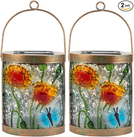 Starsoul 2 Pack Hanging Solar Lantern Outdoor Waterproof Glass Butterfly and Flowers Decorative Solar Lights for Outside Garden Yard Table Patio Decor