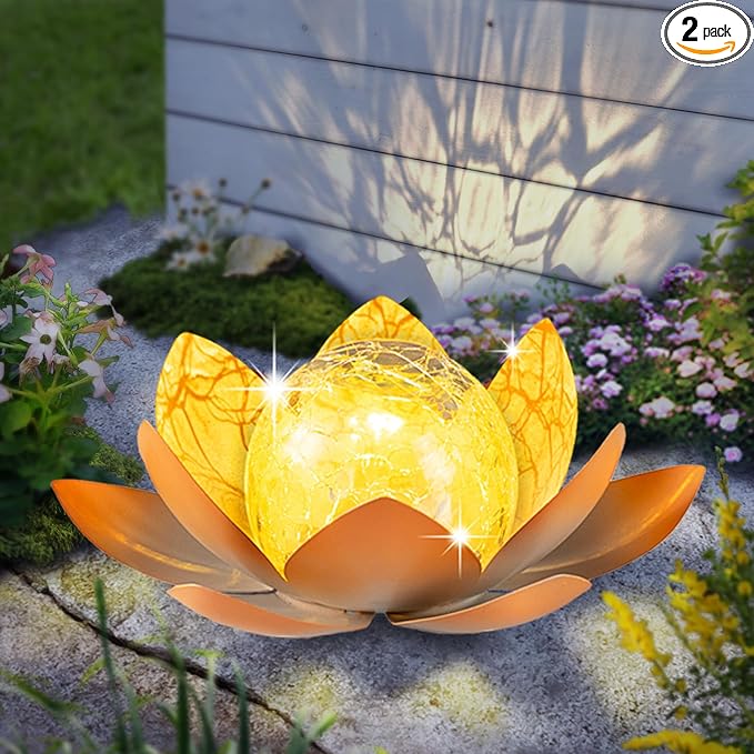 Garden Solar Light Outdoor(2Pack),Crackle Globe Glass Lotus Decoration, Waterproof Metal LED Flower Lights for Patio,Lawn,Walkway,Tabletop,Ground