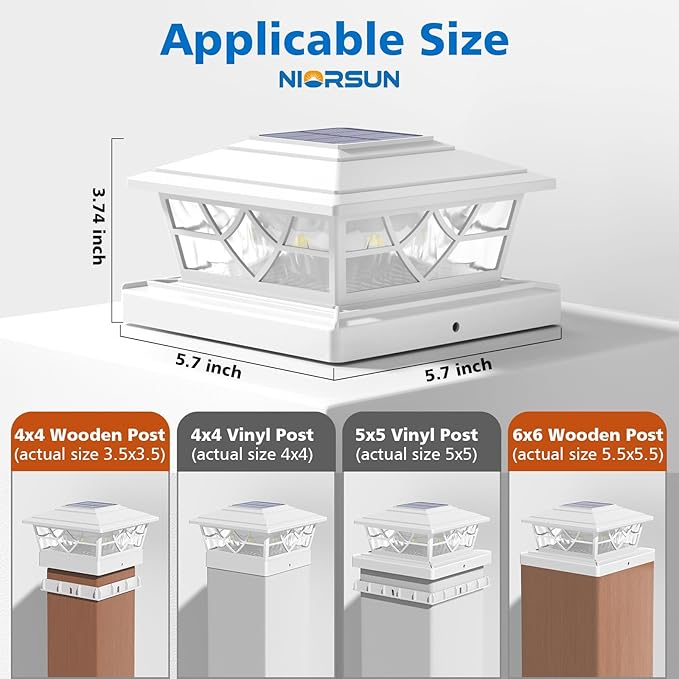 NIORSUN Solar Post Lights Outdoor 6 Pack, 2 Modes LED, Deck Fence Post Solar Lights for 3.5x3.5 4x4 5x5 5.5x5.5 Caps Patio Garden Decoration, White