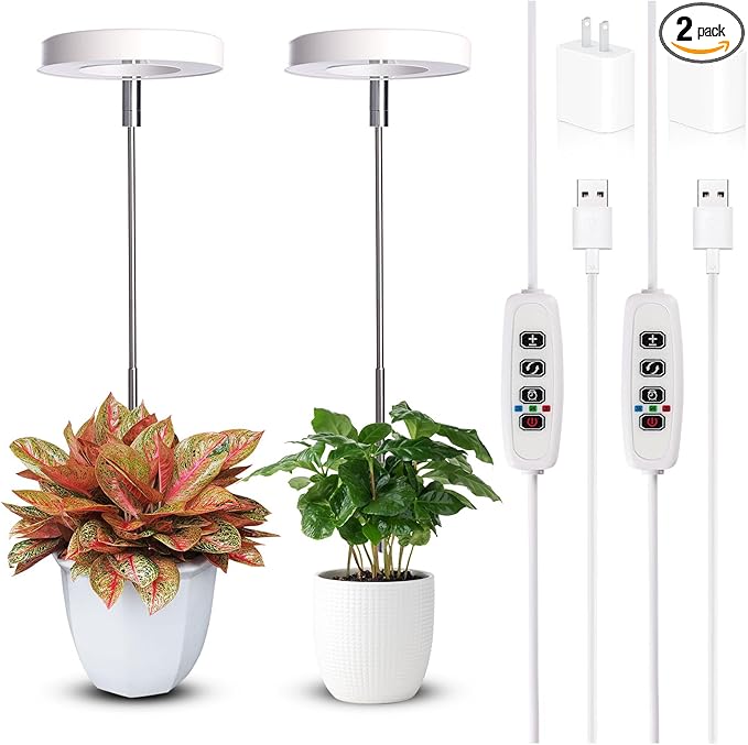 Grow Lights for Indoor Plants Small Potted - Full Spectrum, Auto 3/9/12H Timer, 10-Level Dimming & Adjustable Height - Compact Grow Light for Succulents, Herbs, Foliage in Home/Office (White,2PACKS)