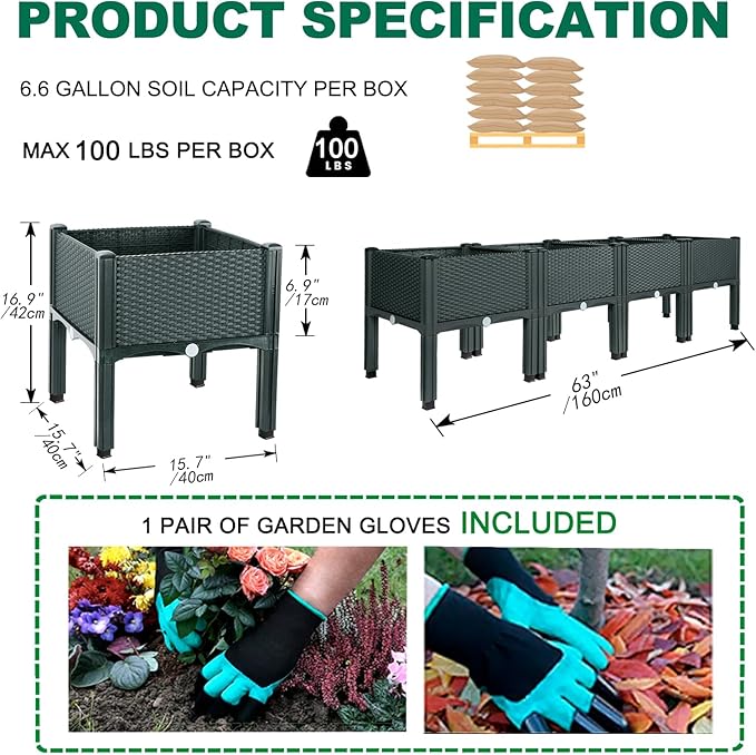 Emalie Raised Garden Beds Elevated Plastic Planter Box with Drainage Plugs Perfect for Vegetables Flowers Herbs Growing Outdoor, 63.0" Lx15.7 Wx16.5 H Grey