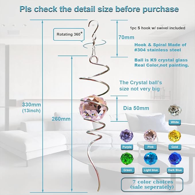 FONMY Gazing Ball Spiral Tail -Decorative Wind Spinner Sun Catcher Rainbow Maker 11 inch Tail and 2 inch Pink Crystal Orb. Indoor Outdoor Garden Decoration -13 inch Height