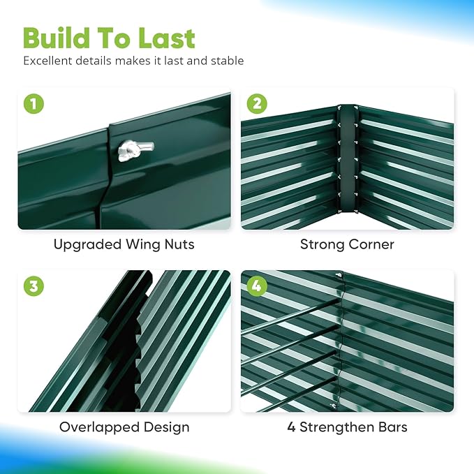 Quictent Galvanized Raised Garden Bed Metal Planter Box Bottomless for Backyard Outdoor, Include 1 pc Tomato Cage, Dark Green, 6x3x2 Ft