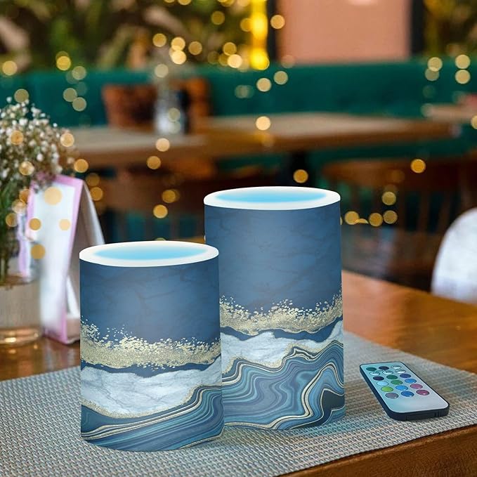 Flickering Flameless Candles, Navy Blue Marble Golden Veins LED Candles with Remote Timer, Set of 2 Battery Operated Candle for Valentine Wedding Birthday