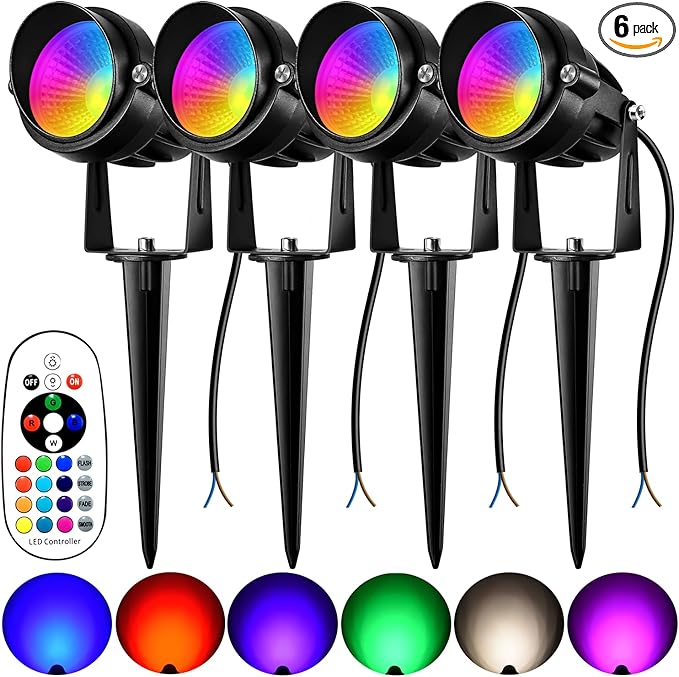 RGBW Landscape Light Outdoor,10W Color Changing Low Voltage Landscape Lighting with Remote Control,12V-24V Waterproof Outdoor Spot Lights with Connectors for Yard House Garden Tree(4 Pack)
