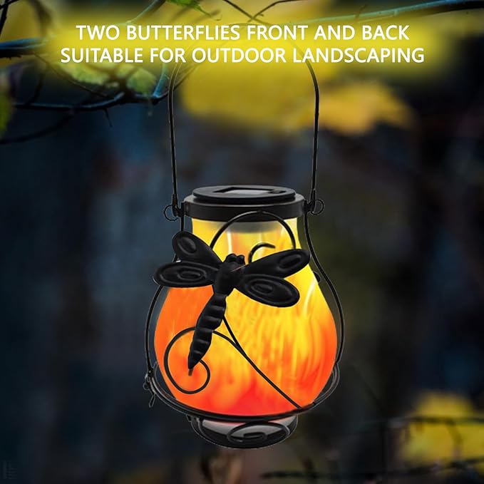 Solar Lanterns, Hanging Outdoor Lantern with Dragonflies LED Flickering Flameless Candles, Solar Lanterns Outdoor Waterproof for Table Party Decorative Yard Pathway (Dragonflies)