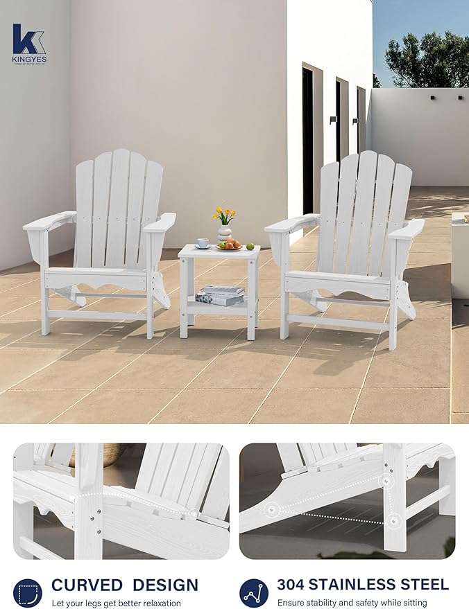 KINGYES HDPE Adirondack Chair Set of 2, Classic All-Weather Outdoor Patio Adirondack Chair, White