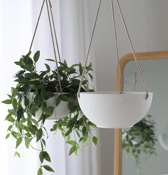 La Jolie Muse White Hanging Planter Basket - 8 Inch Indoor Outdoor Flower Pots, Plant Containers W/ Drainage Hole, Plant Pot for Hanging Plants, Pack 2