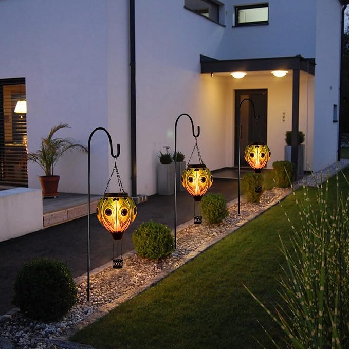 Peacock Hot Air Balloon Hanging Solar Lantern Lights, Flickering Flame Solar LED Candle Lights Outdoor Garden Decorative Metal & Glass Waterproof Lanterns for Yard Patio Farmhouse Decoration