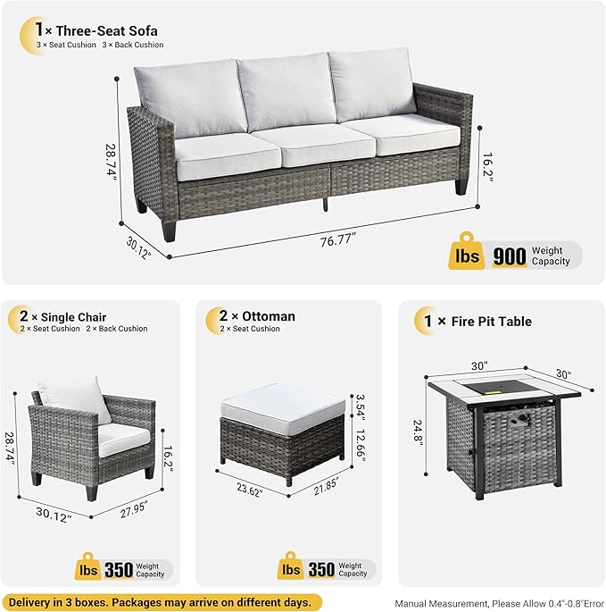 ovios 6 Pieces Patio Furniture Set with 30" Fire Pit Table, Outdoor Wicker Sofa with Comfy Cushions, All Weather High Back Rattan Couch Conversation Set, Grey
