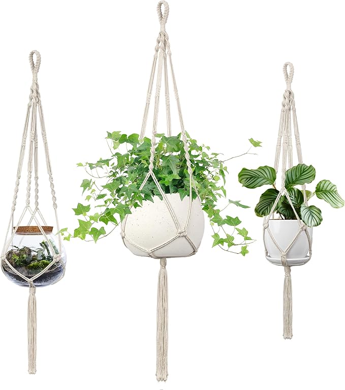 Macrame Plant Hanger, 34"/41"/46" 3 Sizes, Hanging Planters for Indoor Outdoor Plants, Flower Pot Holder with Wood Beads & Tassels for Boho Home Decor, 3 Pack, Ivory