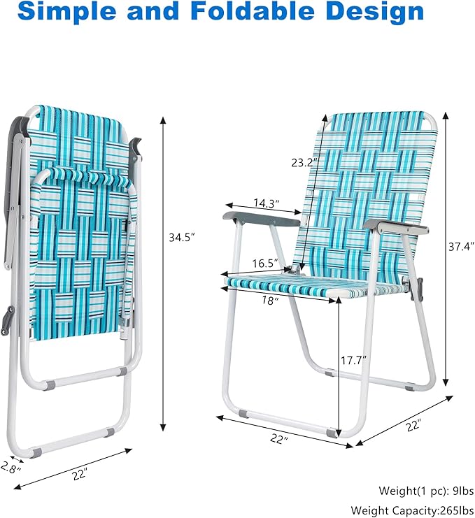 VINGLI Patio Lawn Webbed Folding Chairs Set of 2, Outdoor Beach Chair Portable Dining Chair for Outdoor Yard, Garden (White & Blue, Classic)