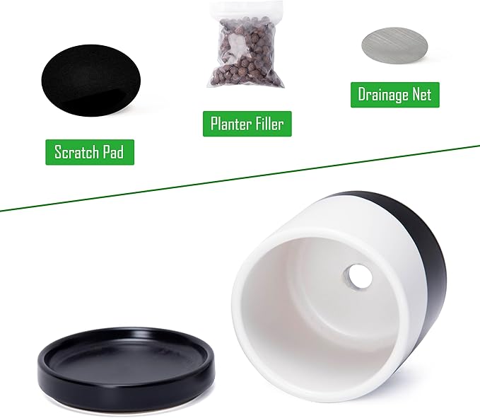 D'vine Dev 3.5 Inch Ceramic Planter Pot with Drainage Hole and Saucer, Indoor Cylinder Round Planter Pot, Oblique Monochrome Black and White, 94-O-A-K