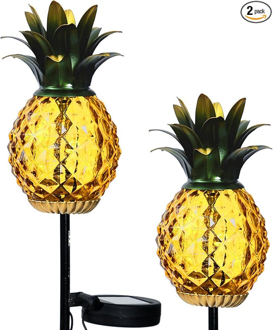 Solar Lanterns Outdoor Waterproof Glass Pineapple Garden Decor, Hanging Solar Stake Lights Yard Art, Outside Patio Decorations Gardening Birthday Gifts for Mom Grandma Women, 2 Pack