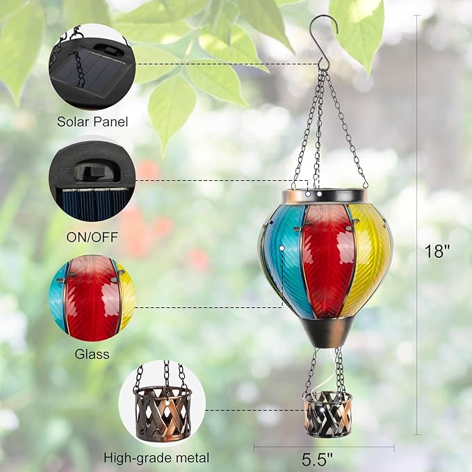 pearlstar Hot Air Balloon Solar Lantern with Flickering Flame Light Outdoor Solar Hanging Lights Waterproof for Garden Yard Farmhouse Patio Pathway Outside Decoration,Glass, Rainbow