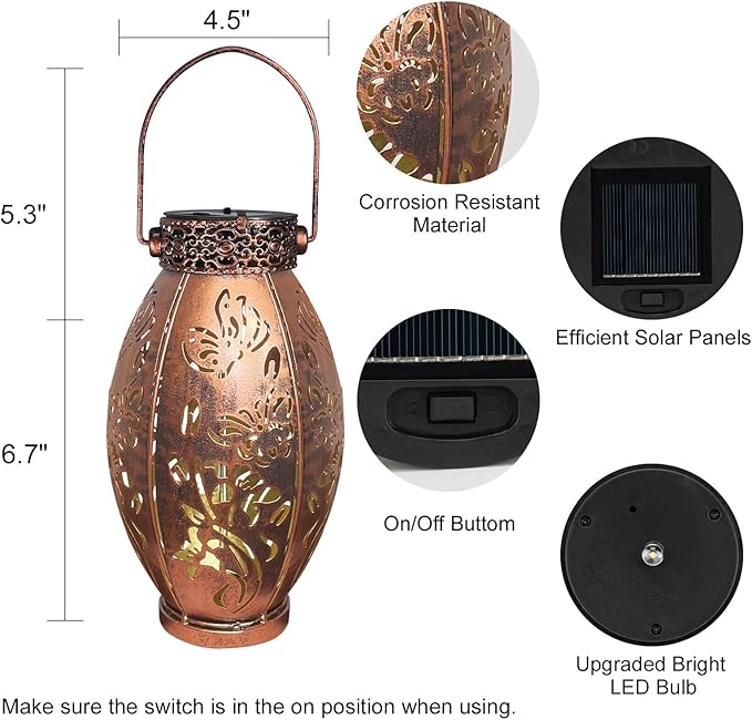 pearlstar 2 Pack Butterfly Solar Lantern Hanging Light Outdoor Waterproof Decorative Metal Solar Lamp for Table Garden Yard Patio Balcony Pathway,Copper,Birthday Gifts for Women Mom Men,Butterfly