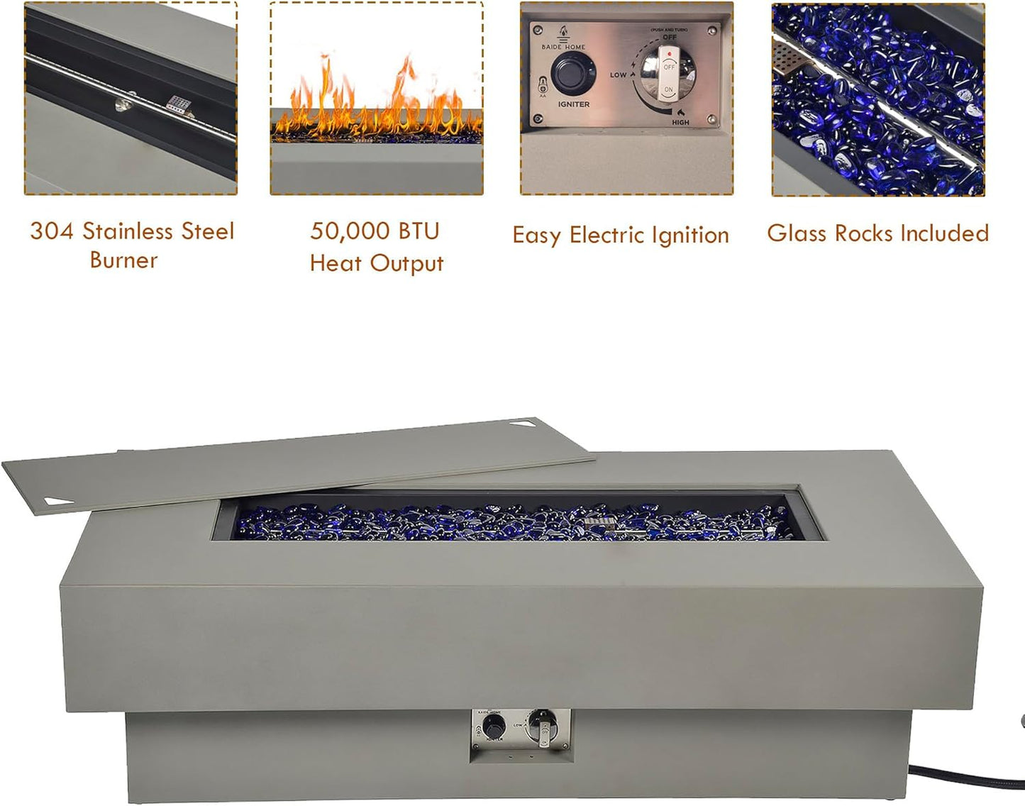 48-inch Fire Table with 20lb Propane Tank Cover, 50,000BTU Outdoor Modern Patio Fire Pit Table w/Rectangular Burner Lid, Glass Rocks, Pre-Attached 10ft External Gas Hose