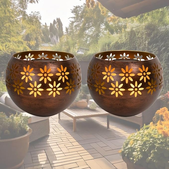Original Solar Fire Bowl 8” (2-Pack) Decorative Metal Solar Patio Light with Flickering Flame, Waterproof Dusk-to-Dawn Garden Lantern in Bronze/Copper