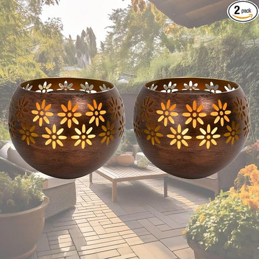 Original Solar Fire Bowl 8” (2-Pack) Decorative Metal Solar Patio Light with Flickering Flame, Waterproof Dusk-to-Dawn Garden Lantern in Bronze/Copper