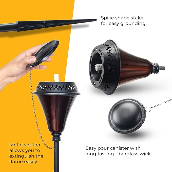 Garden Torch Large Flame - Deco Home Garden Torch Set of 2 | Citronella Garden Outdoor/Patio Outdoor Lighting Torch for Party Patio Pathway with Spikes and Deck Clamp | Caramel Black