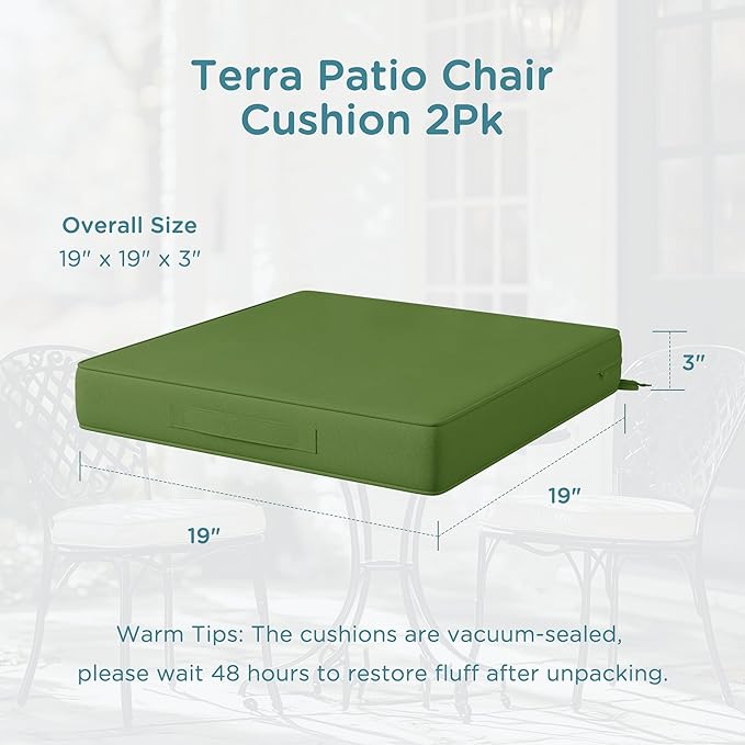 Codi Patio Chair Cushions 19x19 Inch, Waterproof Seat Cushion for Outdoor Furniture with Handles & Adjustable Straps, Fade Resistant - Set of 2, Green