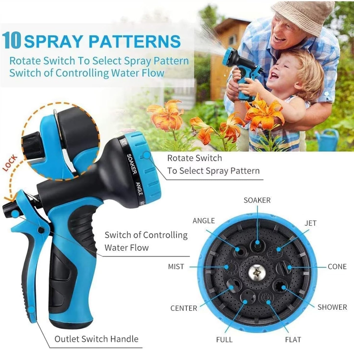 Garden Hose 75 ft -Heavy Duty Water Hoses - Flexible&Lightweight Car Washing Pipe with Stainless Steel Strain Reliefs,Kink-free Rubber Hoses with Spray