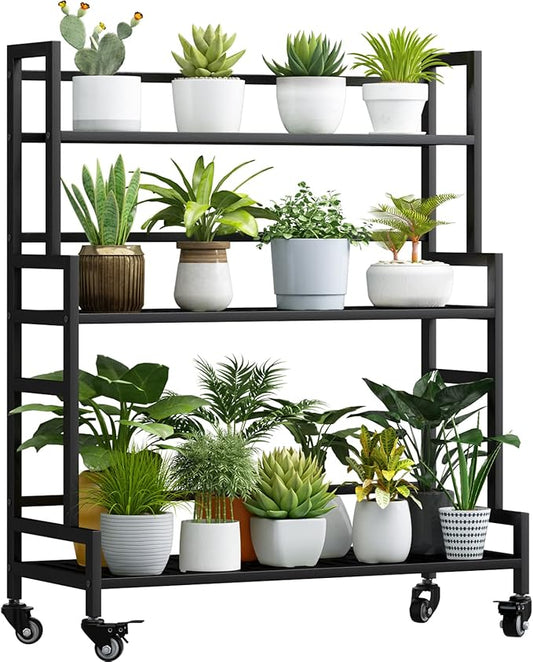YIZAJIA Plant Stand Indoor 3 Tier Metal Outdoor Tiered Stands Shelf With wheel for Multiple Plants Potted Ladder Plant Holder Table Plant Pot Stand for Window Garden Balcony Living Room (3 Tier-Black)