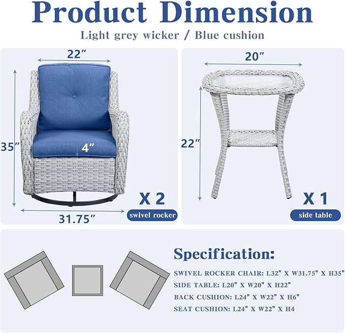 Outdoor Swivel Rocker Patio Chairs Set of 3,High Back Swivel Patio Chairs Wicker Furniture Set,2 PCS Rattan Swivel Rocking Chair with Side Table,Light Grey Wicker (A089-2)