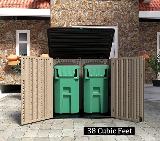 HOMSPARK Storage Shed Weather Resistance, Multi-Purpose Outdoor Storage Cabinet for Backyards and Patios, Horizontal Storage Shed for Lawnmower, Patio Accessories (Coffee, X Large - 48 cu.ft)