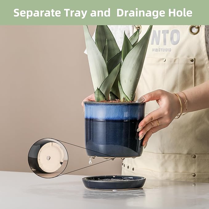 5.8 Inch Plant Pot: Ceramic Planter with Drainage Hole & Saucer - Gradient Blue Flowerpot for Indoor & Outdoor Plants with Separate Tray